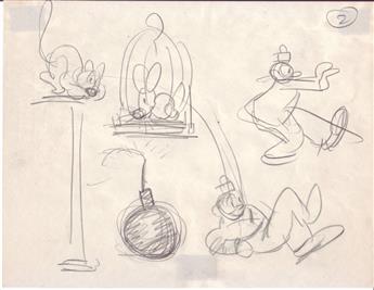GOLDBERG, RUBE. Group of 5 graphite drawings, unsigned, sketches for an unnamed cartoon strip,